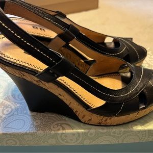 BP black and tan peep toe sling back wedges